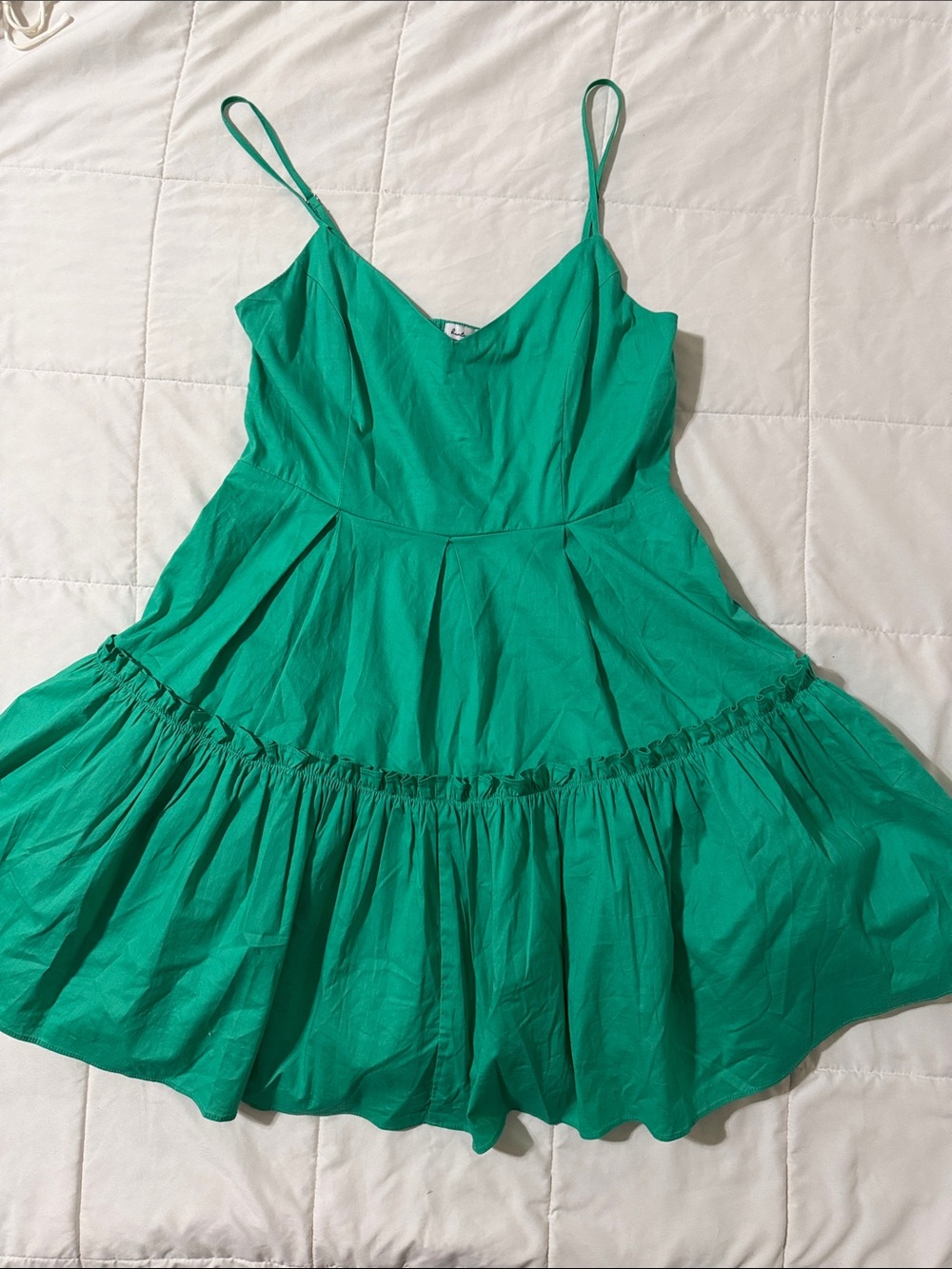 Ladies Green Spaghetti-Strap Tiered Dress